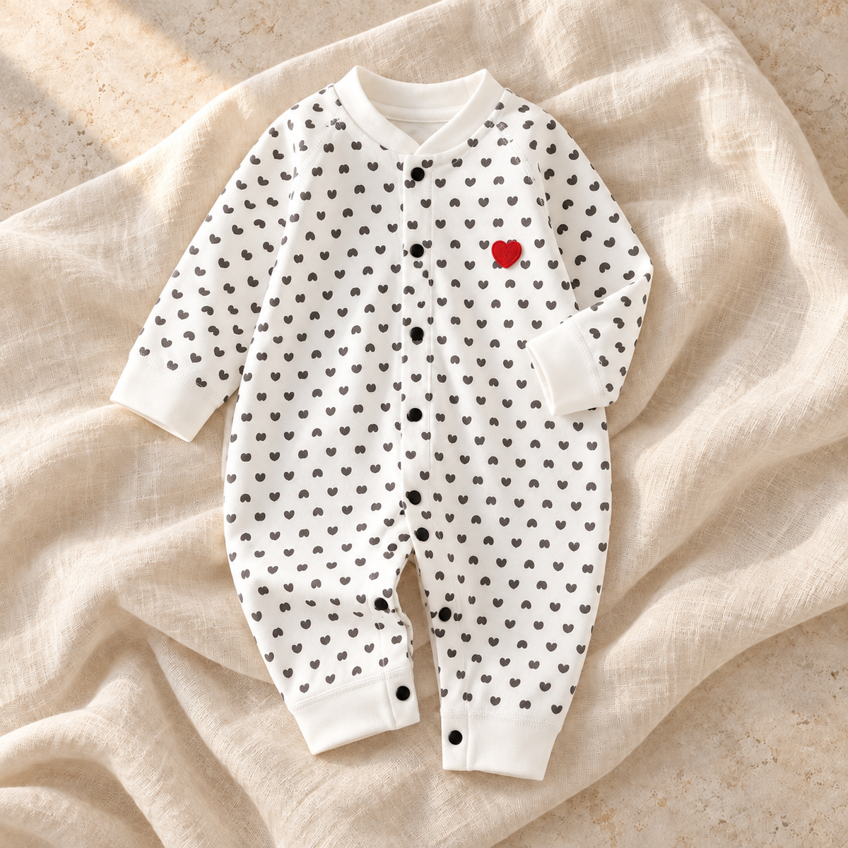 The Printed Cotton Baby Romper — black on ivory linen
