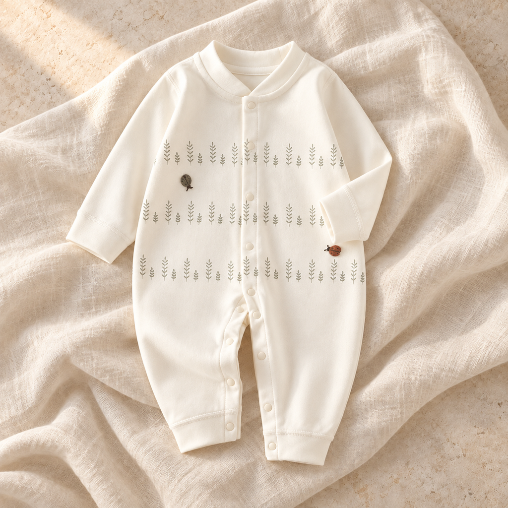 The Printed Cotton Baby Romper — Ivory on ivory linen