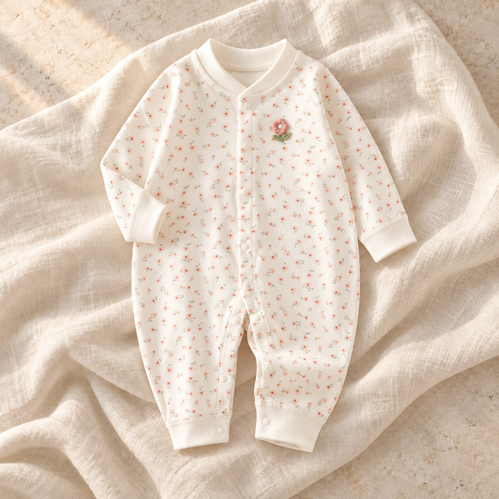 The Printed Cotton Baby Romper — Red on ivory linen