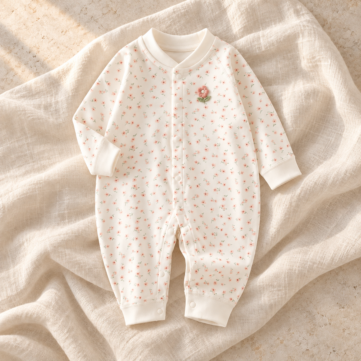 The Printed Cotton Baby Romper — Red on ivory linen