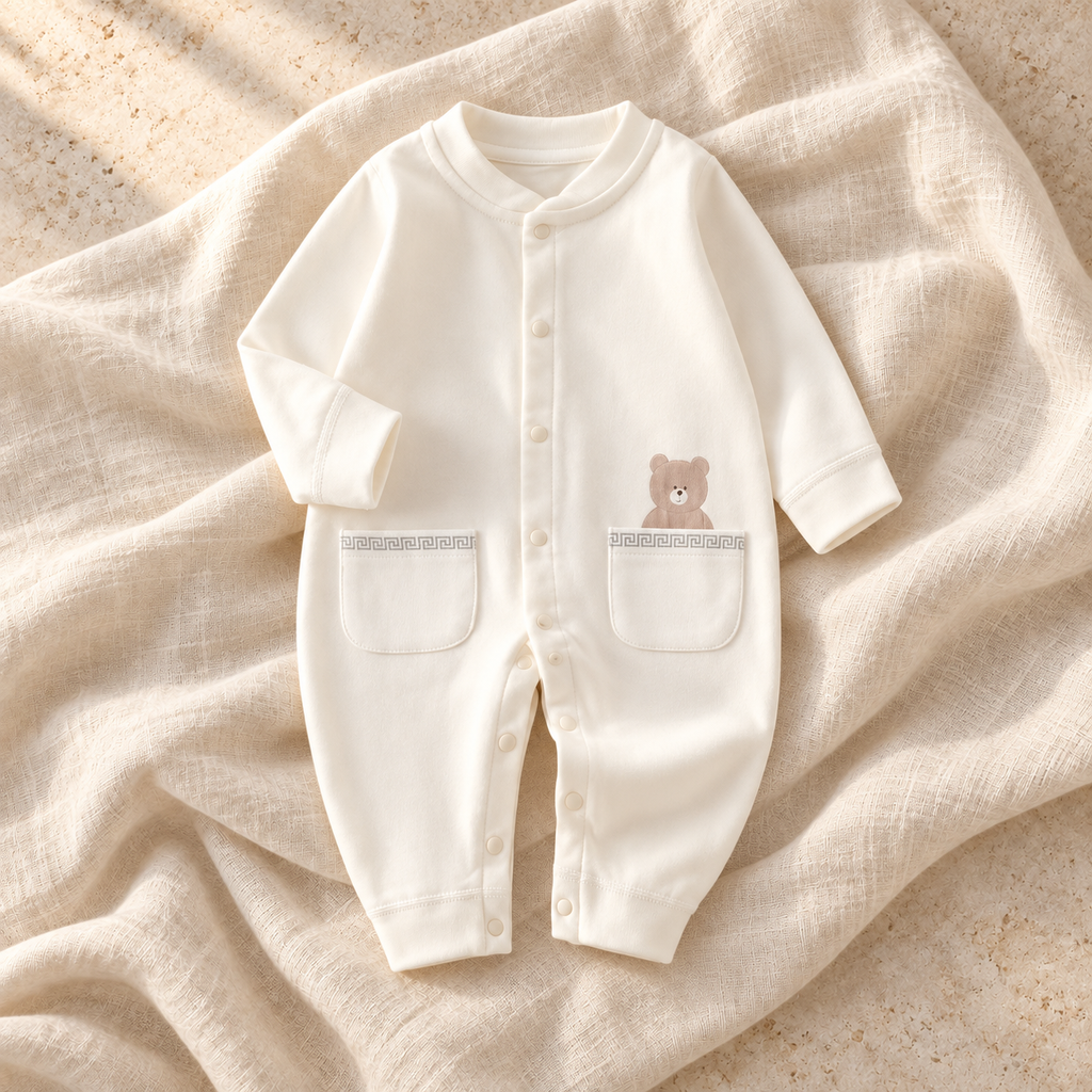 The Printed Cotton Baby Romper — WHITE on ivory linen
