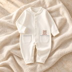 The Printed Cotton Baby Romper — WHITE on ivory linen