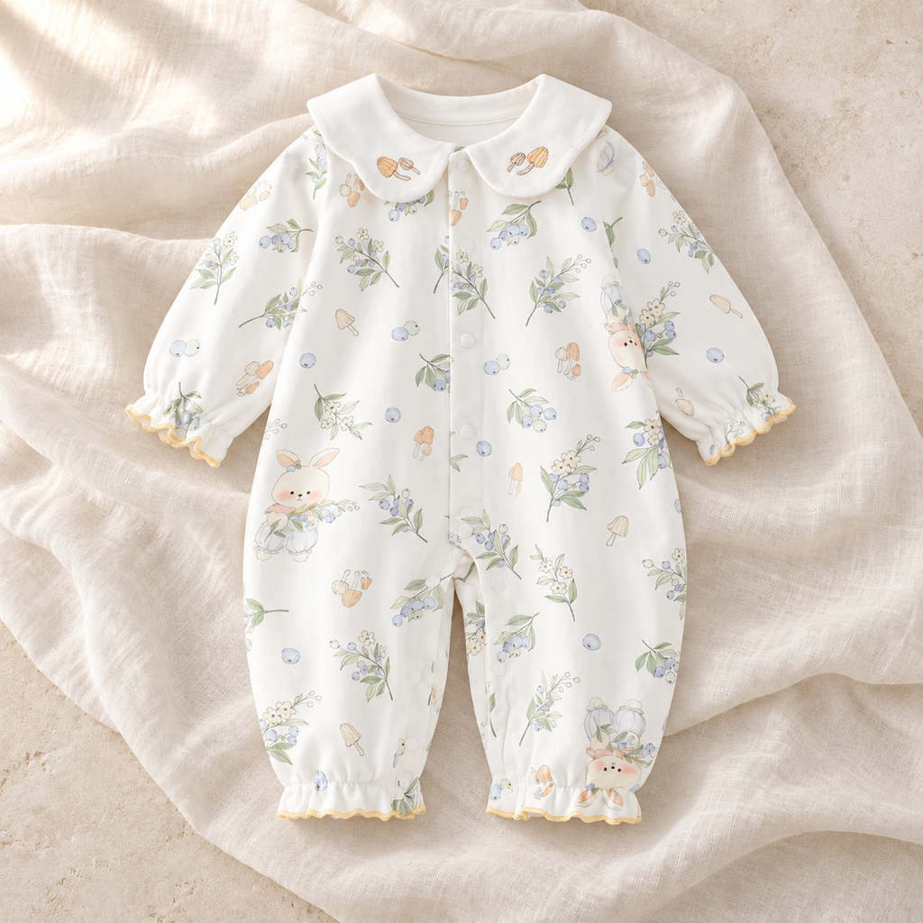 The Collared Cotton Baby Romper — Style 03 studio flat lay on warm ivory linen
