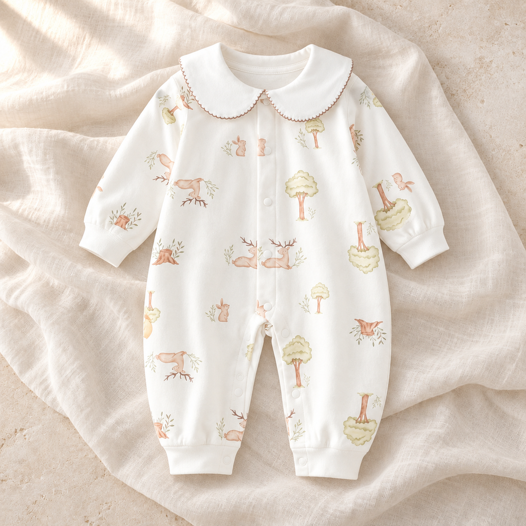 The Collared Cotton Baby Romper — Style 04 studio flat lay on warm ivory linen