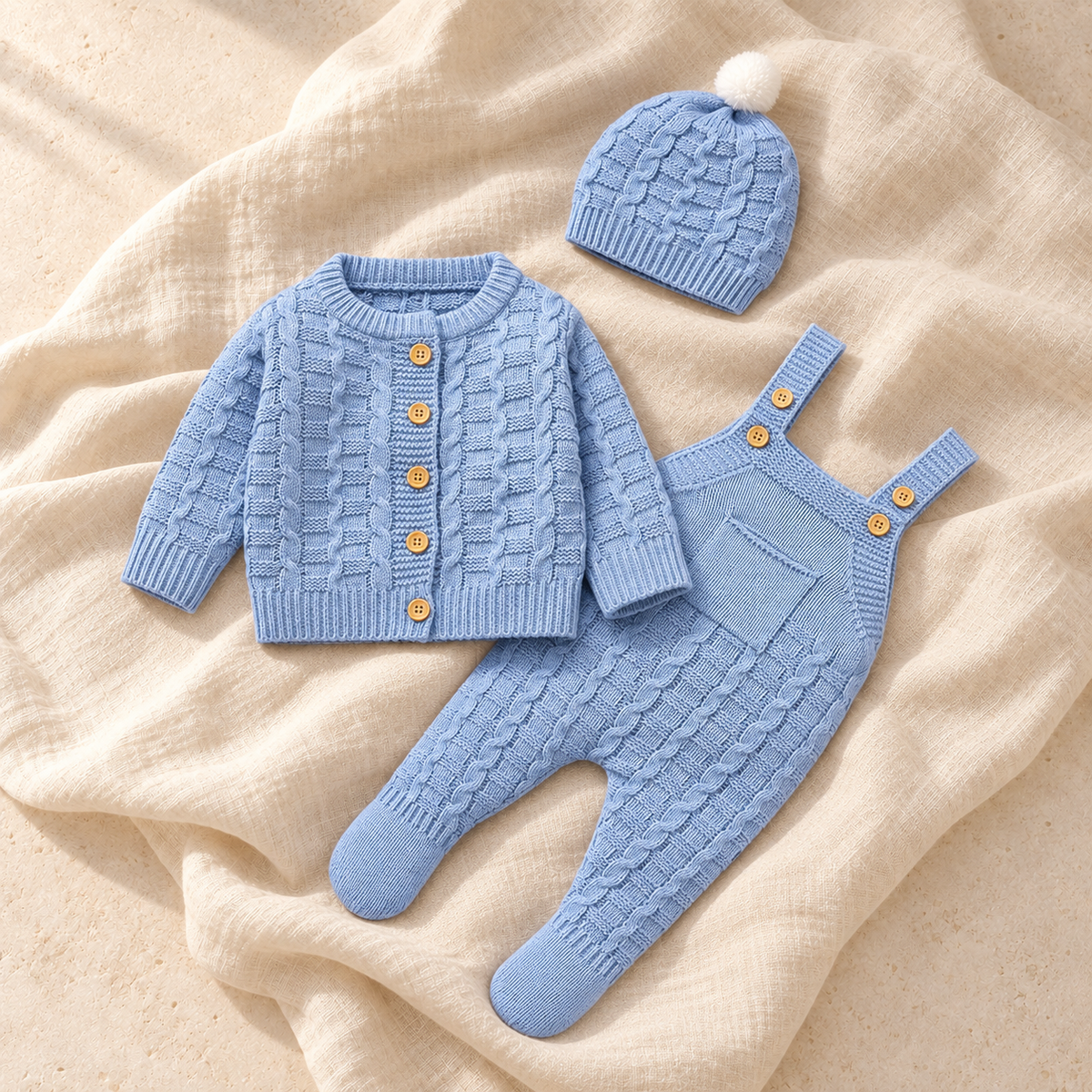 The Knit Romper & Hat Outfit — Style 02 studio flat lay on warm ivory linen