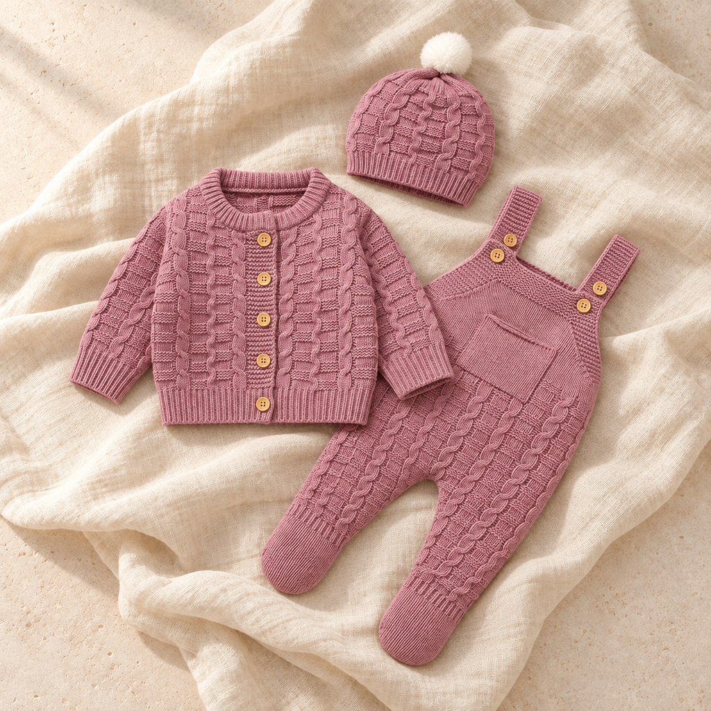The Knit Romper & Hat Outfit — Style 03 studio flat lay on warm ivory linen