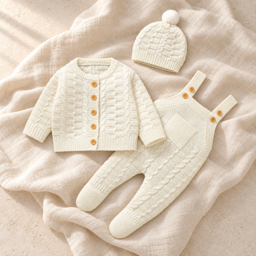 The Knit Romper & Hat Outfit — Style 04 studio flat lay on warm ivory linen