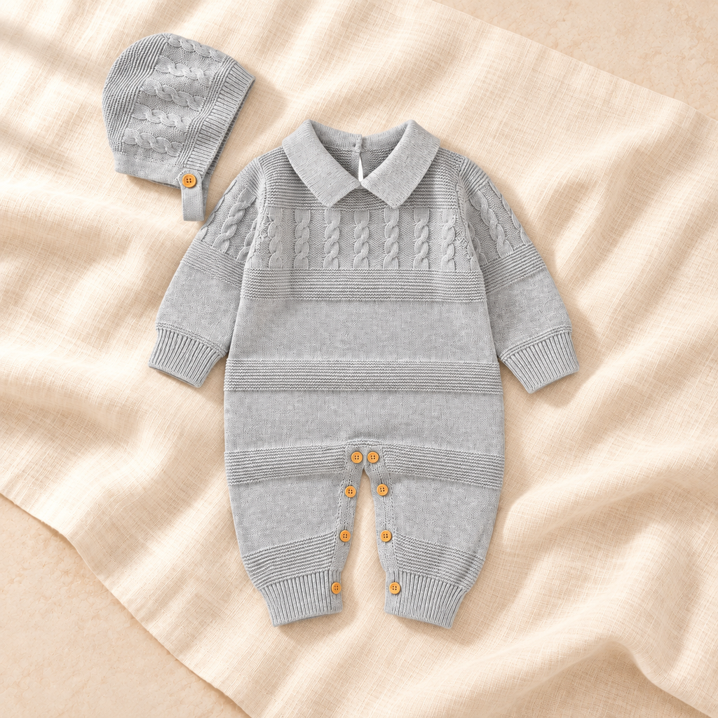 The Cotton Knit Romper & Hat Set — Style 02 studio flat lay on warm ivory linen