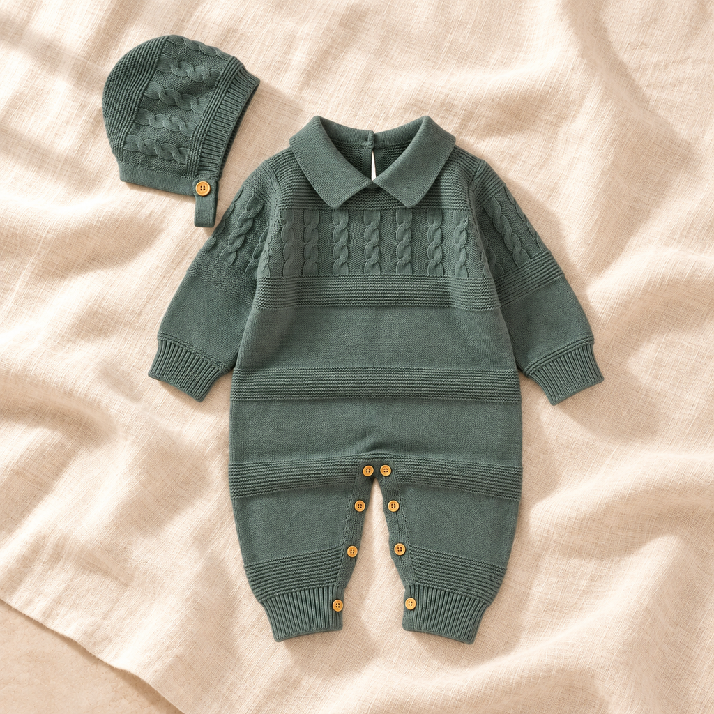 The Cotton Knit Romper & Hat Set — Style 03 studio flat lay on warm ivory linen