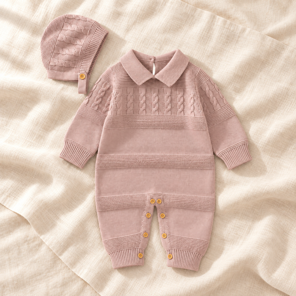 The Cotton Knit Romper & Hat Set — Style 04 studio flat lay on warm ivory linen