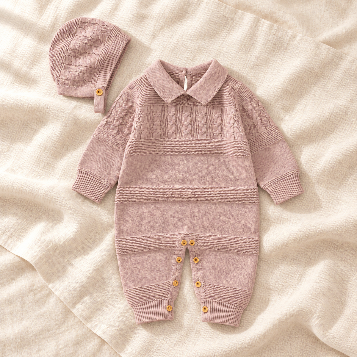 The Cotton Knit Romper & Hat Set — Style 04 studio flat lay on warm ivory linen