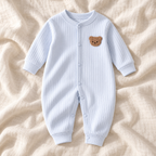 The Classic Button Knit Romper — blue on ivory linen