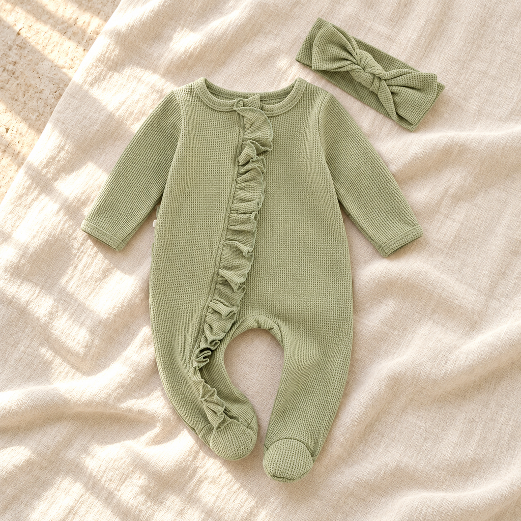 The Ruffle Footed Romper & Headband — Style 01 studio product photo