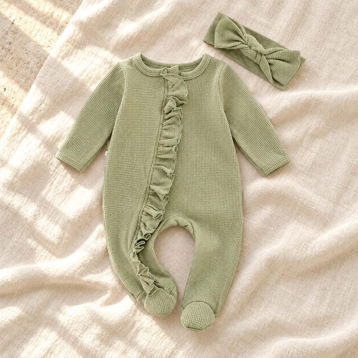 The Ruffle Footed Romper & Headband — Style 01 studio product photo