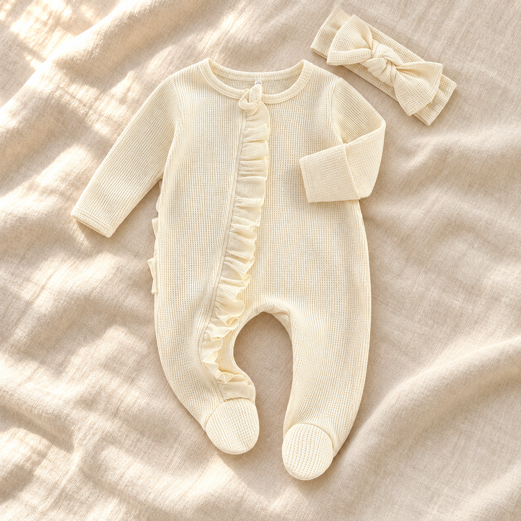 The Ruffle Footed Romper & Headband — Style 02 studio product photo