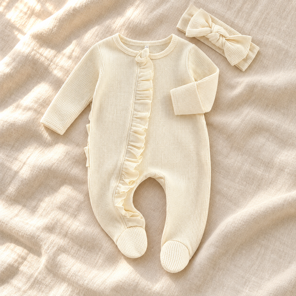 The Ruffle Footed Romper & Headband — Style 02 studio product photo
