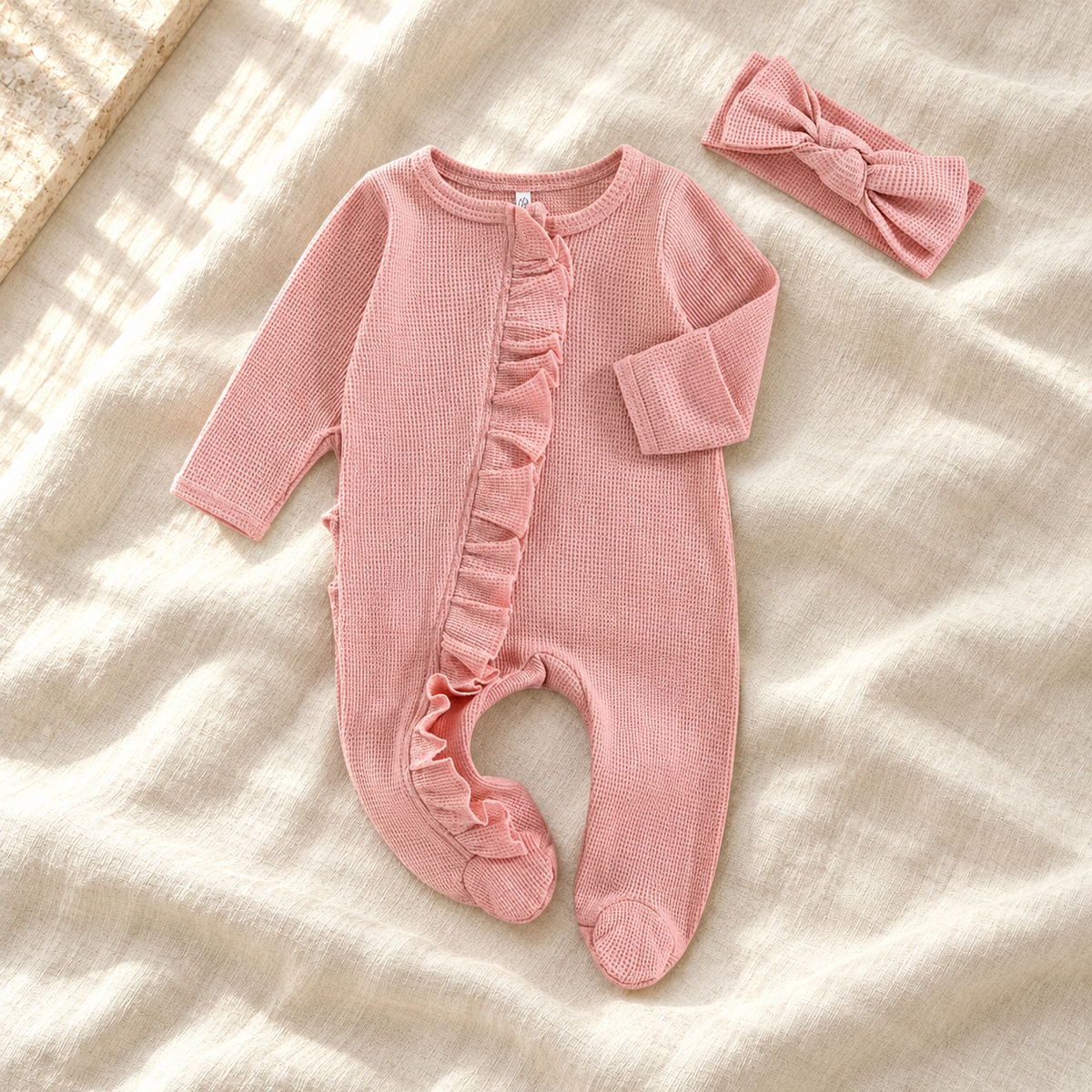 The Ruffle Footed Romper & Headband — Style 03 studio product photo