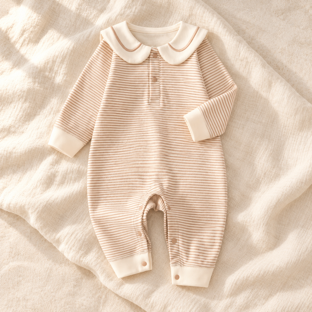 The Sailor Stripe Cotton Romper — Khaki studio flat lay on warm ivory linen