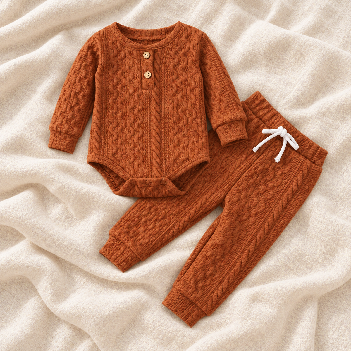 The Button Knit Top & Trouser Set — Style 02 studio flat lay on warm ivory linen