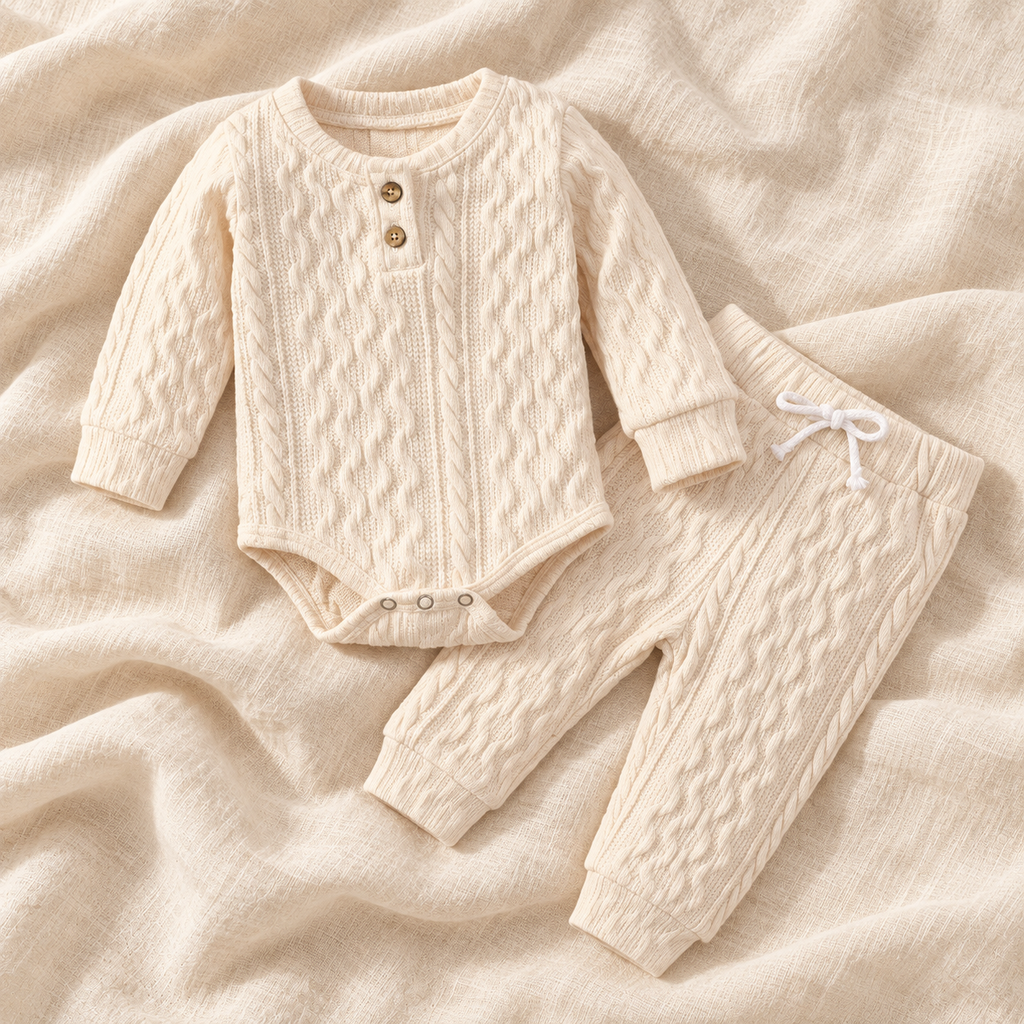 The Button Knit Top & Trouser Set — Style 04 studio flat lay on warm ivory linen