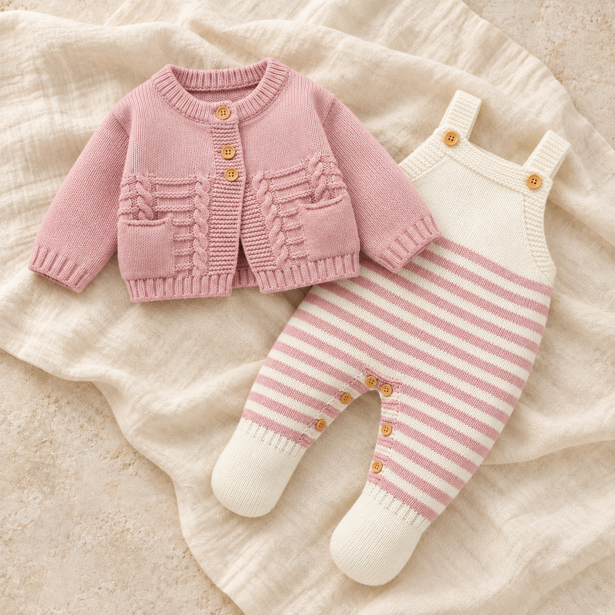 The Knit Cardigan & Strap Romper Set — Style 01 on ivory linen