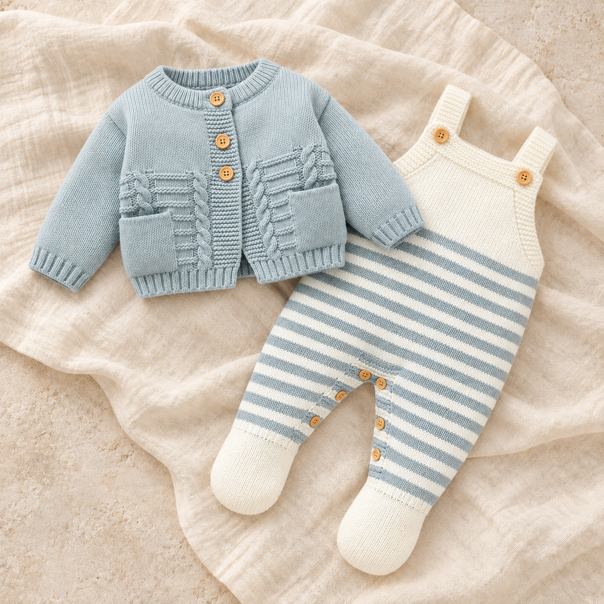 The Knit Cardigan & Strap Romper Set — Style 03 on ivory linen