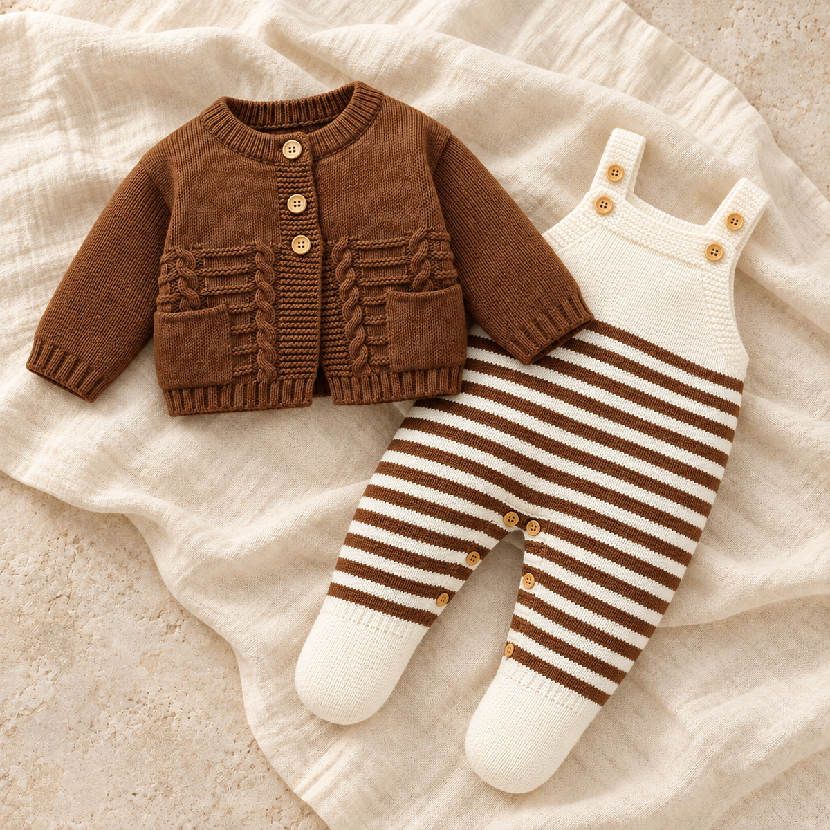 The Knit Cardigan & Strap Romper Set — Style 05 on ivory linen