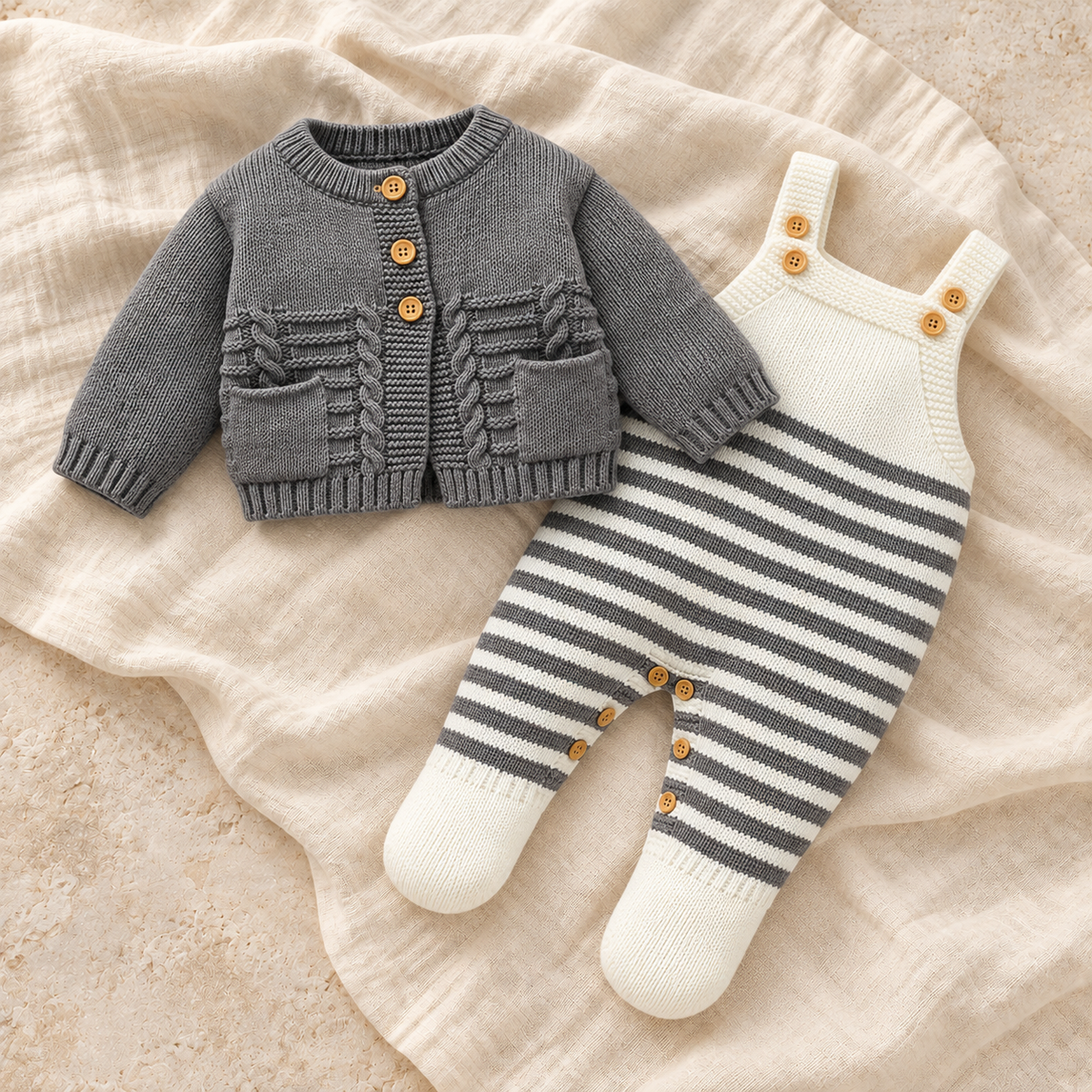 The Knit Cardigan & Strap Romper Set — Style 06 on ivory linen