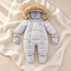 The Fleece Hooded Zip Romper — grey on ivory linen