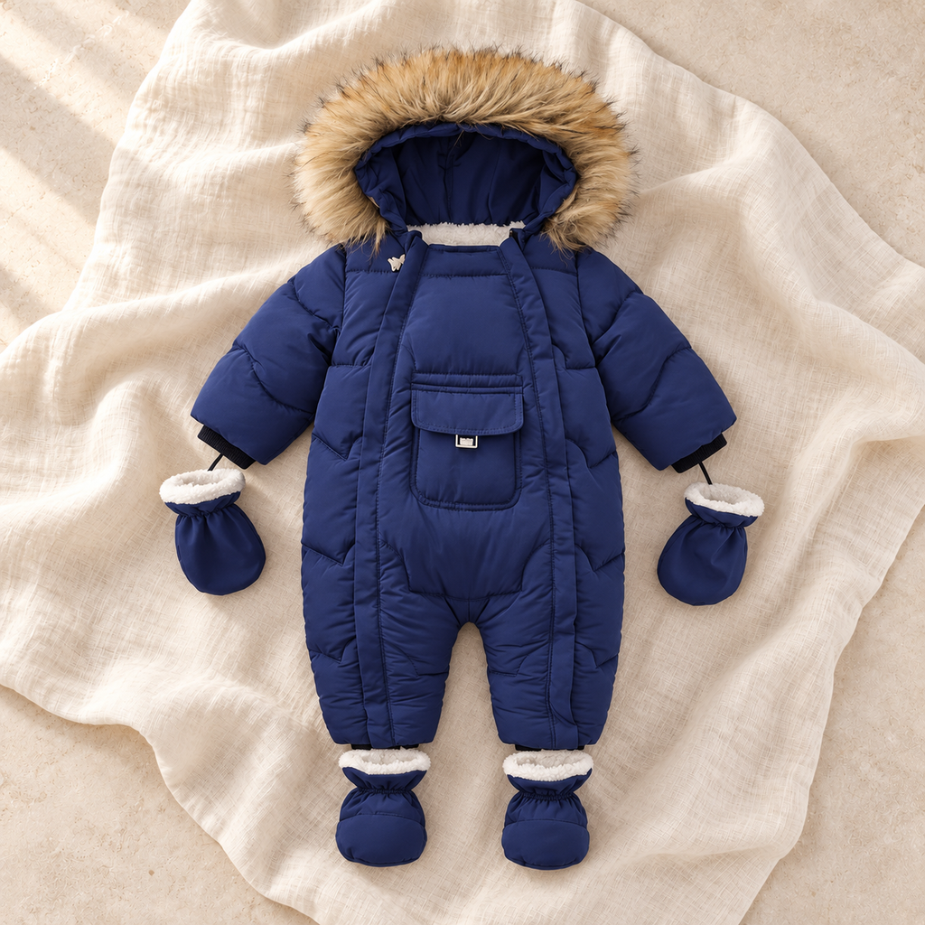 The Fleece Hooded Zip Romper — navy blue-2 on ivory linen