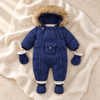 The Fleece Hooded Zip Romper — navy blue-2 on ivory linen