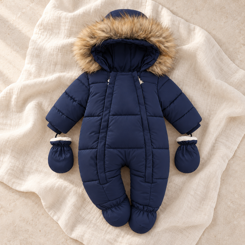 The Fleece Hooded Zip Romper — navy blue on ivory linen