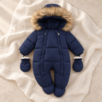 The Fleece Hooded Zip Romper — navy blue on ivory linen