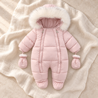 The Fleece Hooded Zip Romper — pink on ivory linen