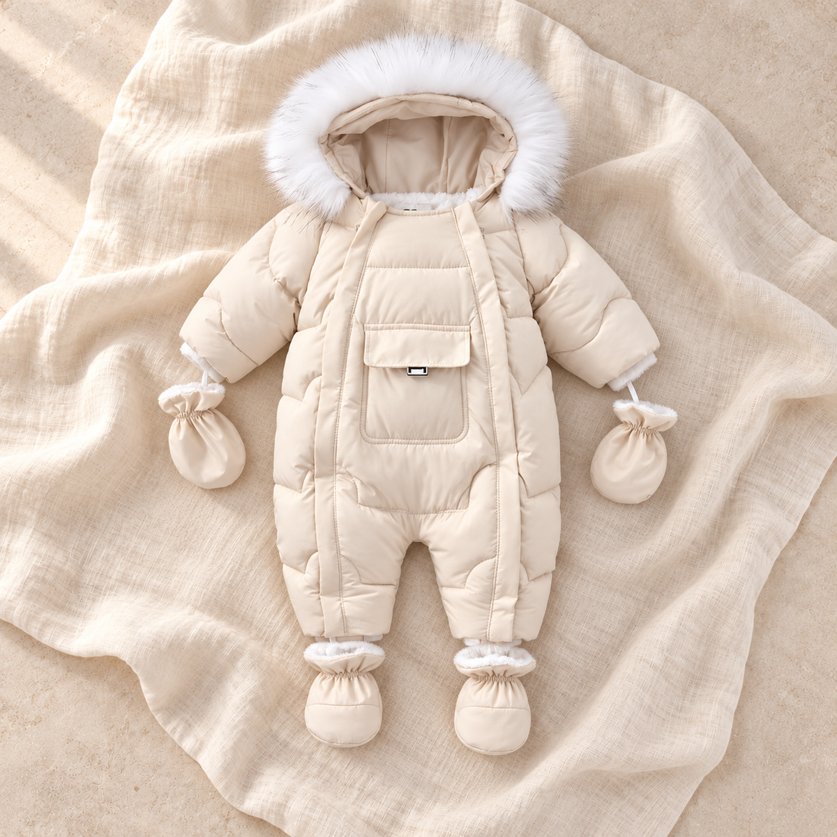 The Fleece Hooded Zip Romper — white-2 on ivory linen