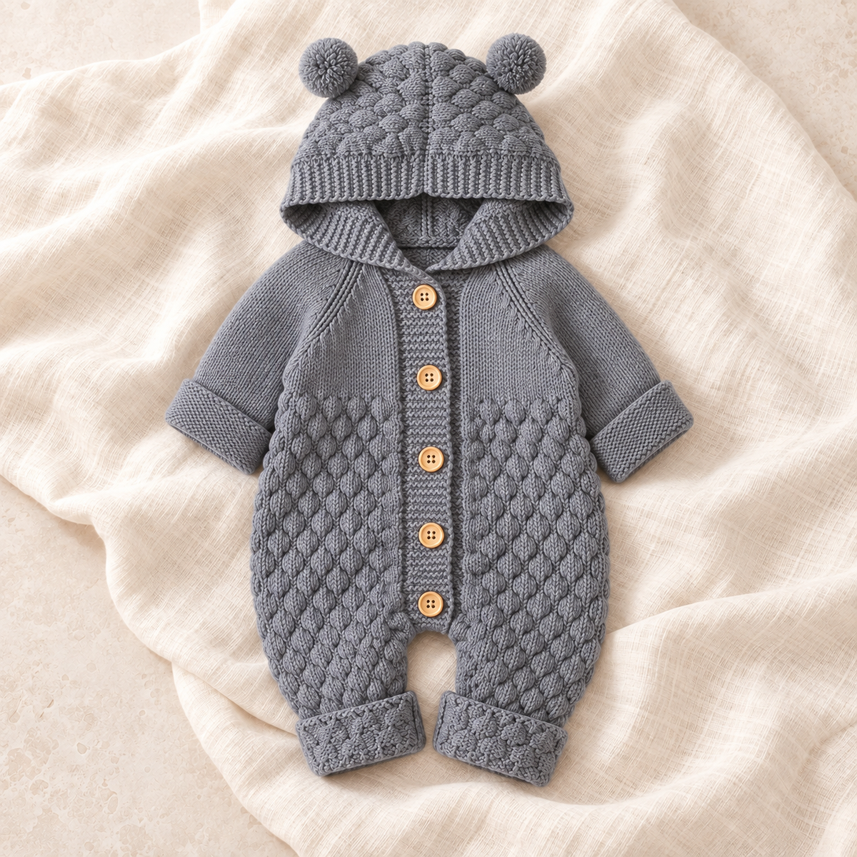 The Bear Ear Knit Baby Romper — Style 02 studio flat lay on warm ivory linen