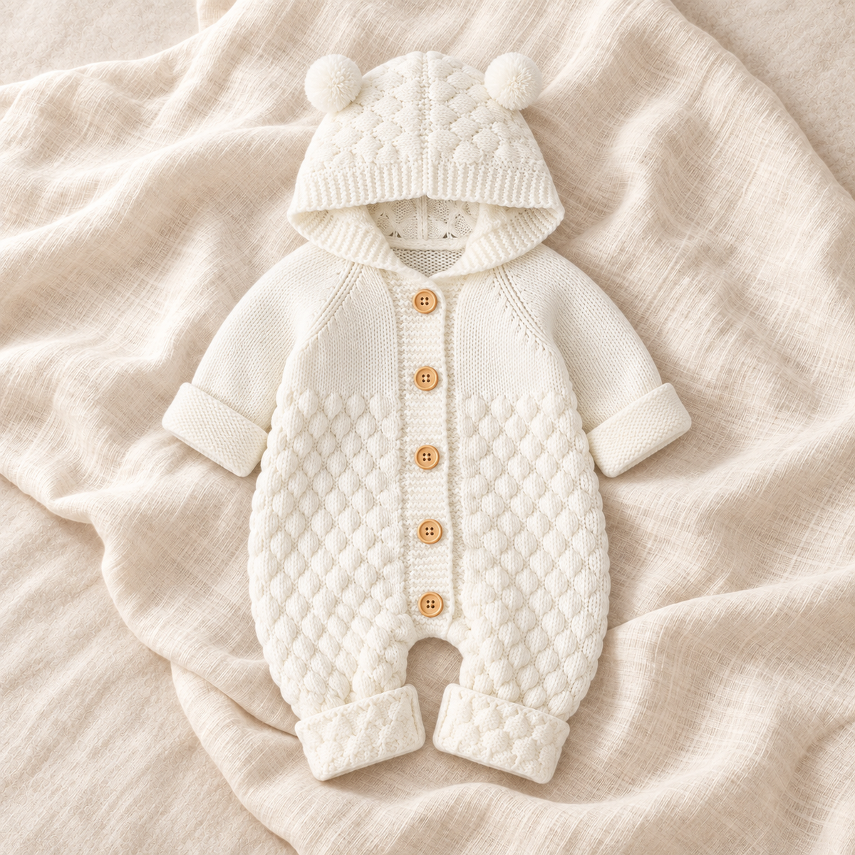 The Bear Ear Knit Baby Romper — Style 04 studio flat lay on warm ivory linen