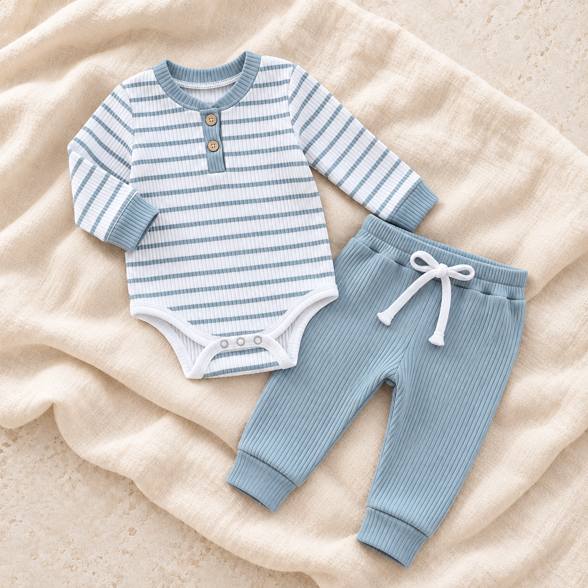 The Stripe Romper & Trouser Set — Style 02 studio flat lay on warm ivory linen