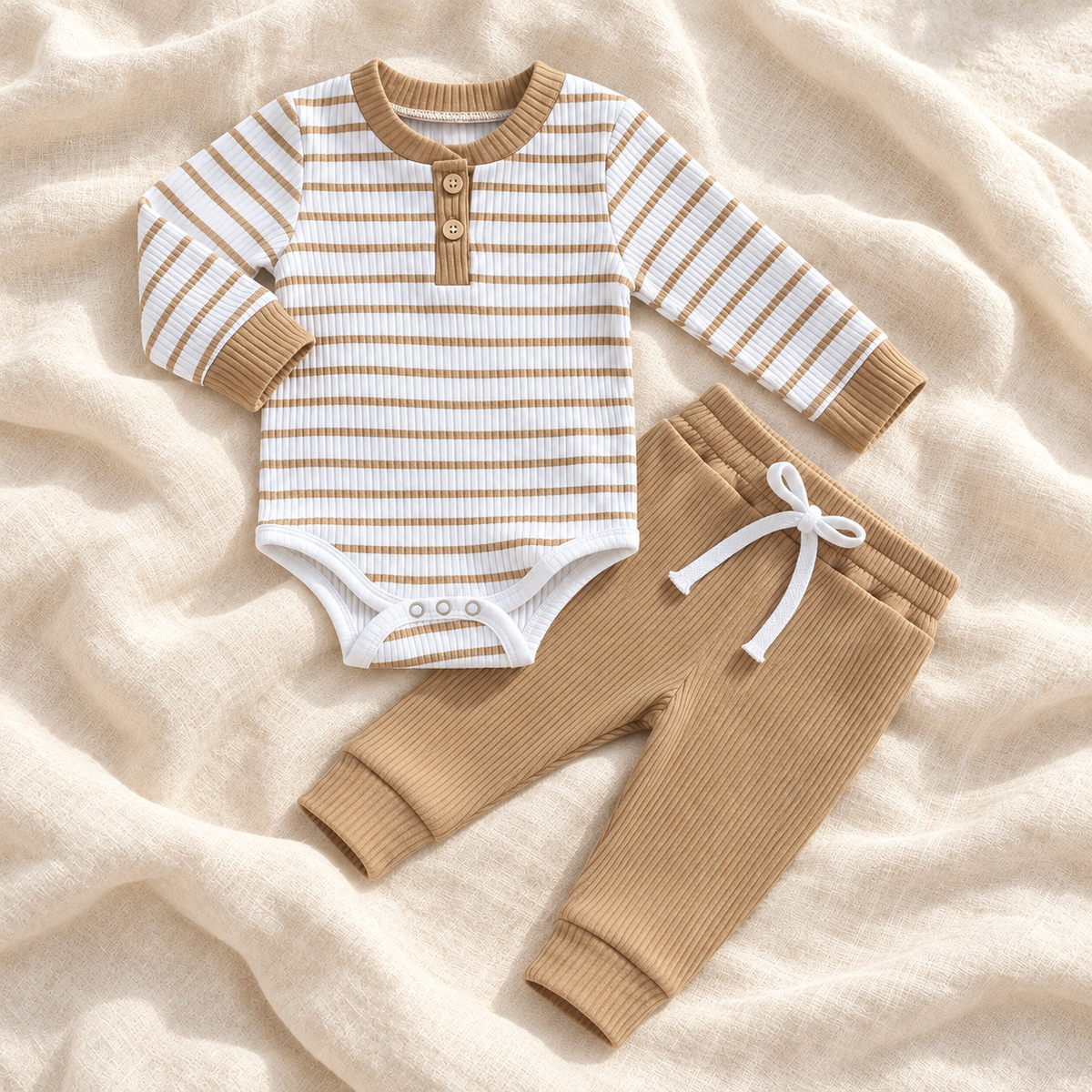 The Stripe Romper & Trouser Set — Style 04 studio flat lay on warm ivory linen