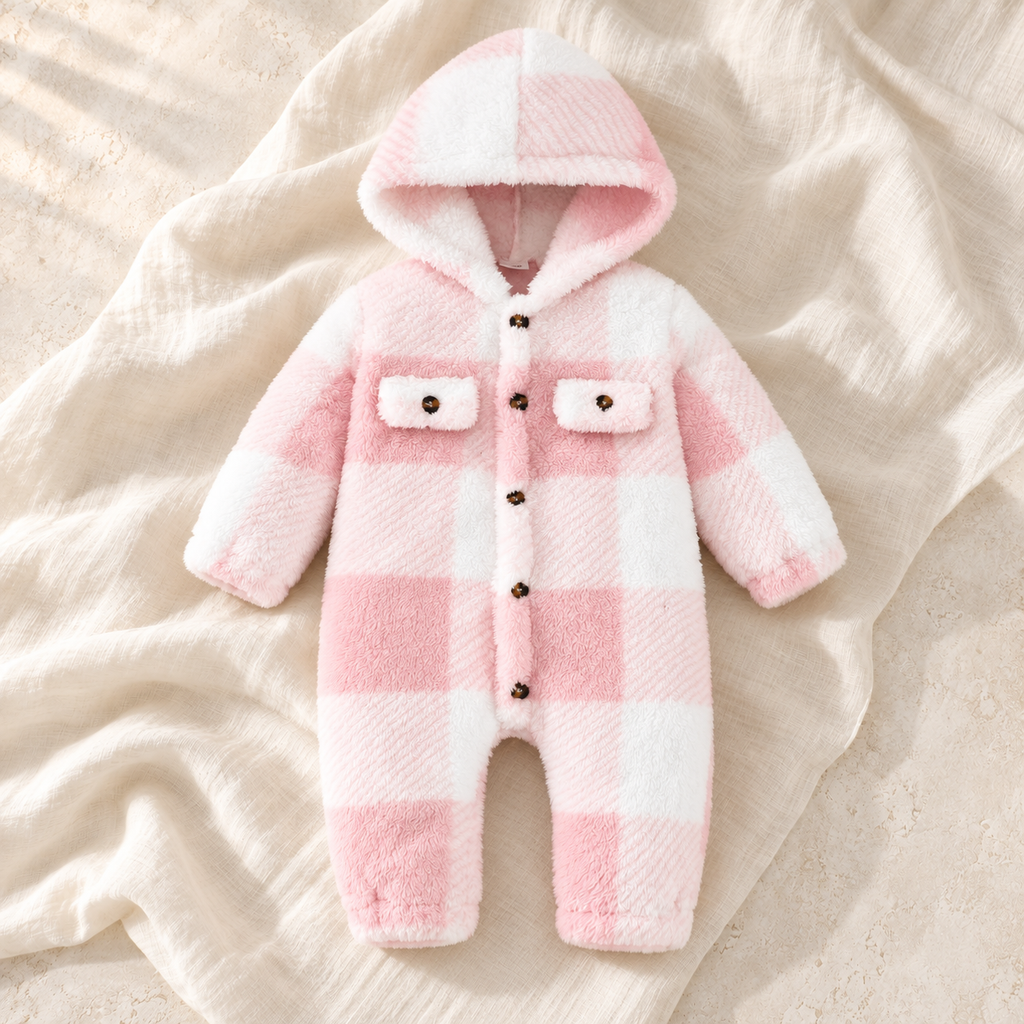 The Plaid Plush Hooded Romper — Style 03 on ivory linen