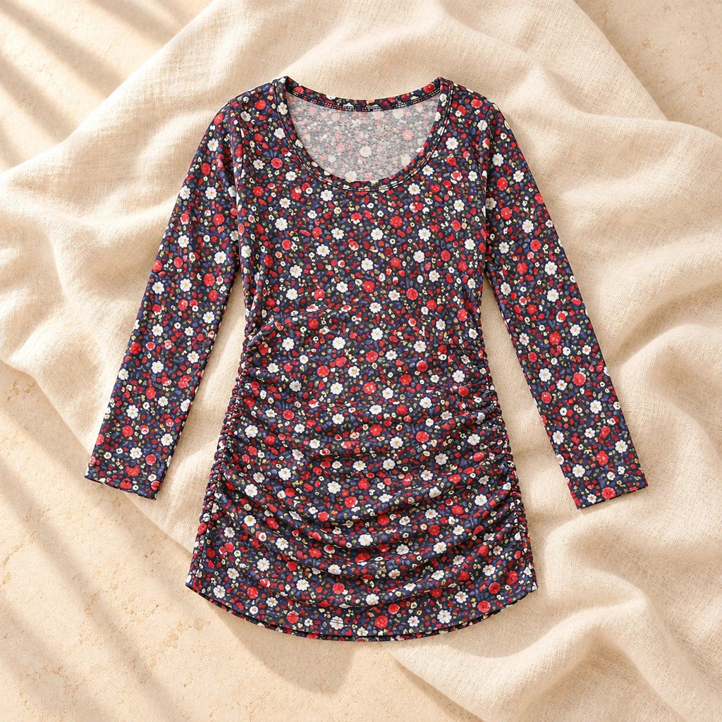 Printed Long-Sleeve Ruched Nursing Top, Brown, on cream linen