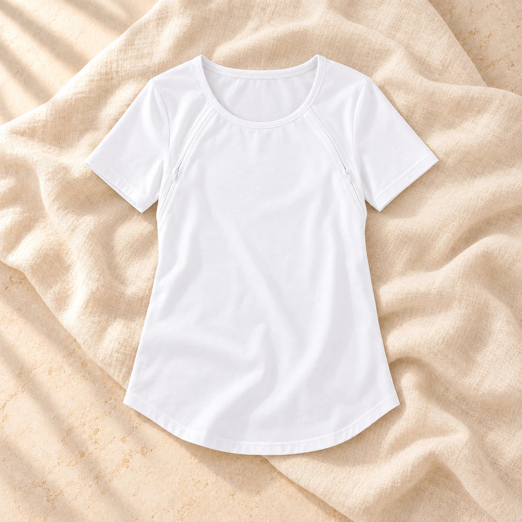 Zip-Access Short-Sleeve Nursing T-Shirt, WHITE, on warm cream linen