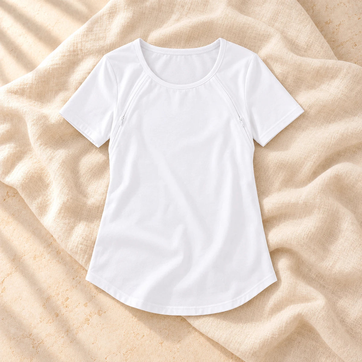 Zip-Access Short-Sleeve Nursing T-Shirt, WHITE, on warm cream linen