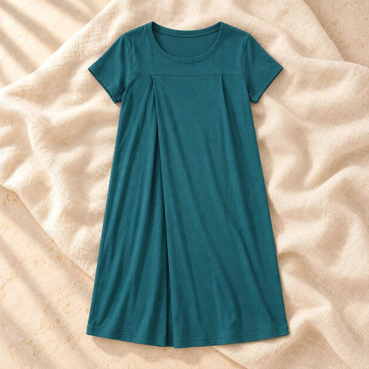Short-Sleeve Maternity Nursing Nightdress, PEACOCK BLUE, on cream linen