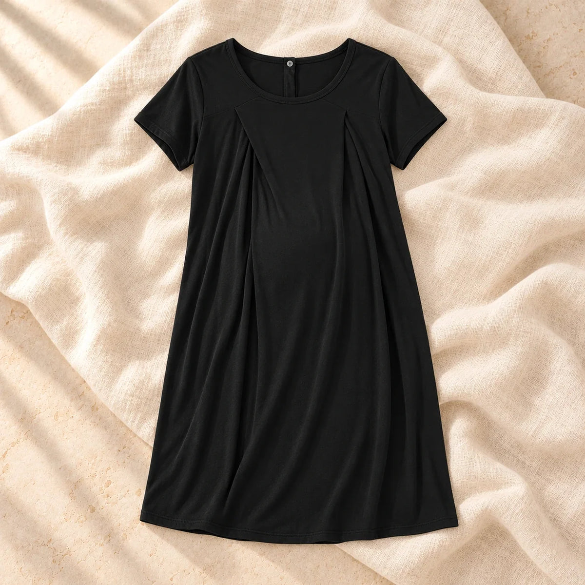 Short-Sleeve Maternity Nursing Nightdress, black, on cream linen