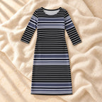 Striped Three-Quarter Sleeve Nursing Dress, GRAY, on cream linen