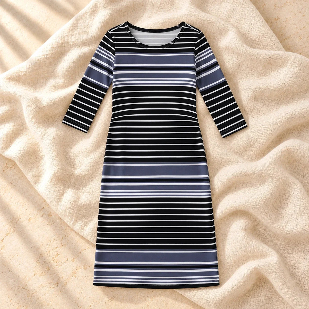 Striped Three-Quarter Sleeve Nursing Dress, GRAY, on cream linen