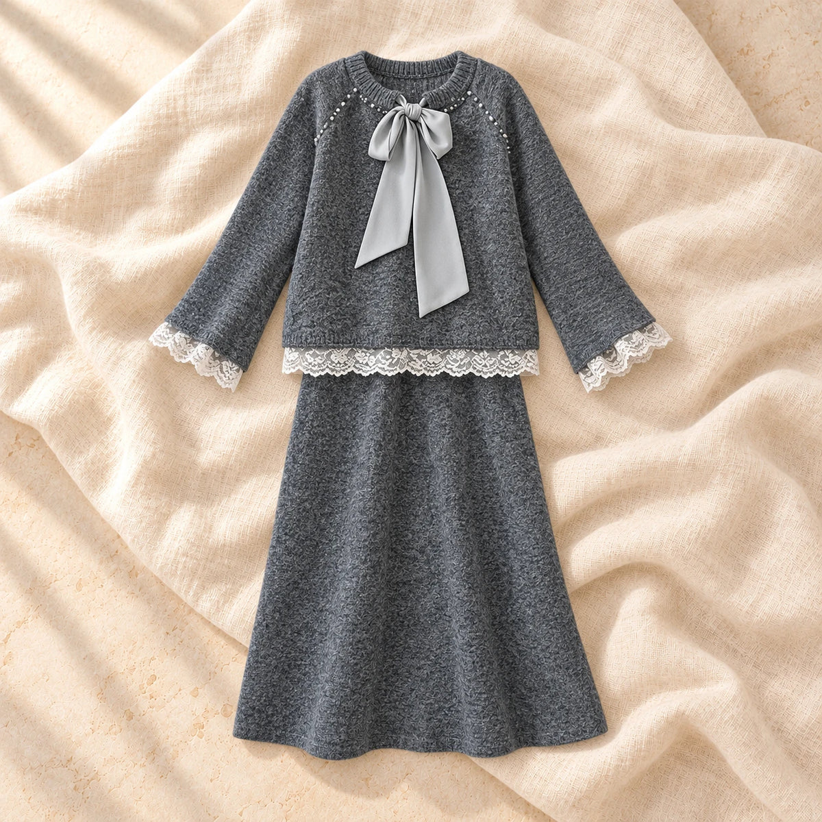Bow & Lace Maternity Sweater & Skirt Set, Dark Gray, on warm cream linen