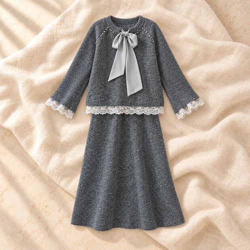 Bow & Lace Maternity Sweater & Skirt Set, Dark Gray, on warm cream linen