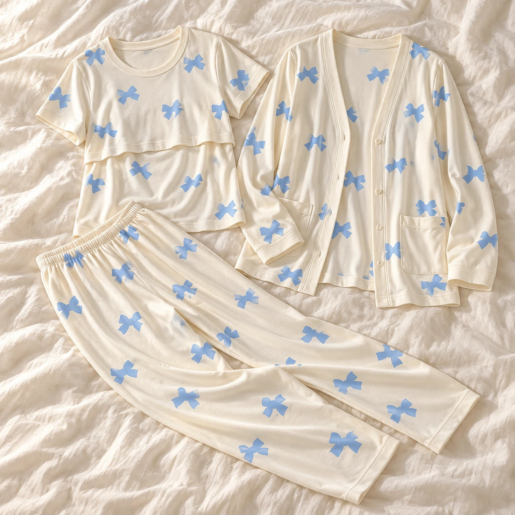 Tots & Moms three-piece nursing pyjama set — style SY-5606 — complete set on cream linen
